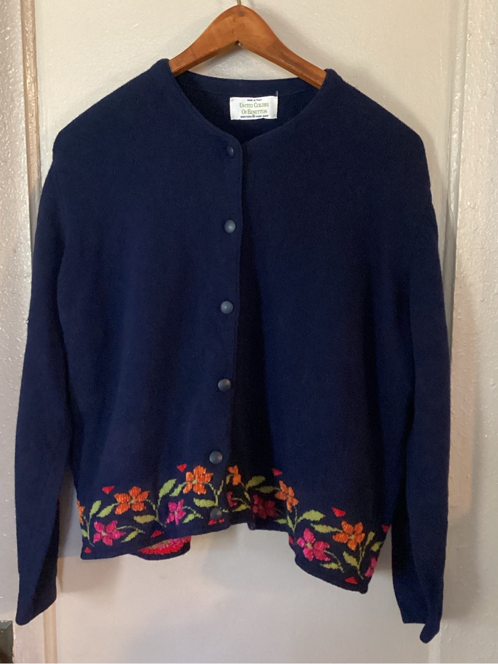 Embroidered Floral Hem Women’s XL Navy Cardigan Vintage Grannycore Italy
